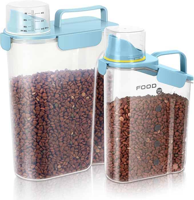 Dog Food Storage Container, Upgraded Large Nozzle BPA-free, 8-12 LBS Plastic Pet Food Storage Containers, With 4 Sealed Clasps, 1 Measuring Cup and Handle (2, Natural Blue (3L+5L), (3L+5L))-NeatNest