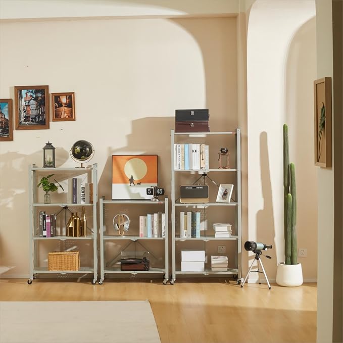 DEANIC 4 Tier Foldable Storage Shelves with Wheels, Large Capacity Shelving Unit, Freestanding Metal Wire Shelf Rack, No Assembly Organizer Rack for Garage Kitchen, Basement, Pantry(Grey)-NeatNest