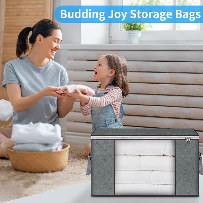 Budding Joy Clothes Storage, Foldable Large Storage Bags, Storage and Organization for Clothing, Blanket, Comforter, Clothes, Pillows, Toys, Closet Organizers with Enhanced Handle, 60L 8 Pack-NeatNest