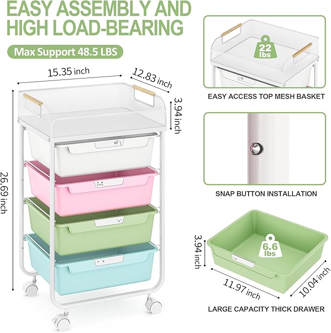 Rolling Cart with 4 Drawers,4 Tiers Rolling Utility Cart Craft Cart,Rolling Storage Drawer Cart with Mesh Top,Storage Cart with Drawers & 4 PCS DIY Lable, Classic Colorful