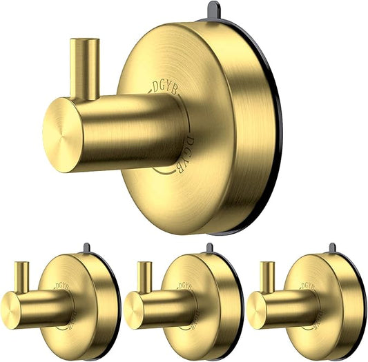 DGYB Suction Cup Hooks for Shower Set of 4 Gold Towel Hooks for Bathrooms SUS 304 Stainless Steel Shower Hooks for Loofah 15 Lb Bathroom Hooks for Towels-NeatNest