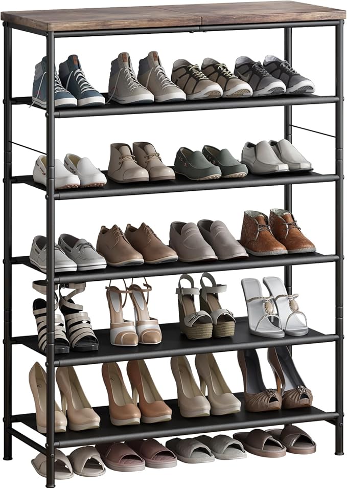 Shoe Rack Organizer 5 Tier Metal Organizer Shelf with Industrial MDF Board and Layer Fabric for Entryway Closet Bedroom Living Room Garage,Black & Rustic Brown (Black+Rustic Brown, 6 Tier)-NeatNest