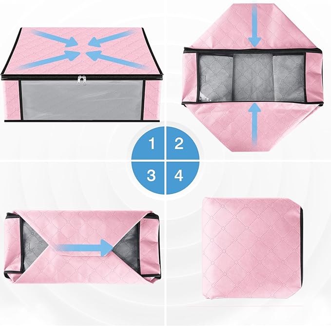 HomeHacks Storage 8-Pack Clothes Organizer Storage Bags Foldable Storage Box with Large Clear Window Sturdy Handles for Closet, Dorm, Pillows, Bedding, Clothes, Blankets, 35L, Pink-NeatNest