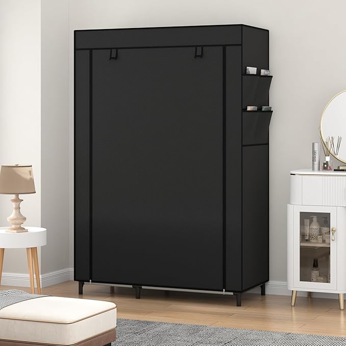 Calmootey Portable Closet Organizers, Clothing Storage, Wardrobe with 6 Shelves and Hanging Rod, Non-Woven Fabric Cover with 4 Side Pockets, Black-NeatNest
