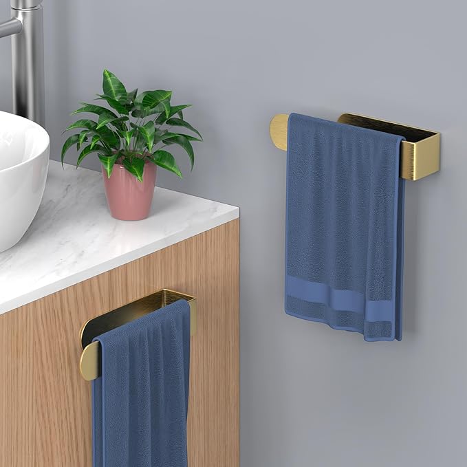 HUFEEOH 2 Pack Adhesive Hand Towel Holder, Kitchen Towel Rack Towel Bars Wall Mounted, Stainless Steel Bath Holder for Bathroom Hotel Kitchen (Gold, 8 Inch(2PC))