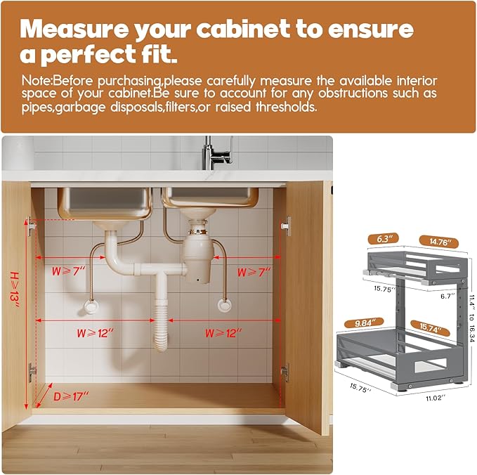 1-Pack Under Sink Organizers and Storage,2-Tier L Shape Pull Out Cabinet Organizer With Round Tube Slide Rails,Hight Adjustable Slide Out Drawers for Kitchen&Bathroom,Multi-Purpose Storage Shelf-Gray-NeatNest