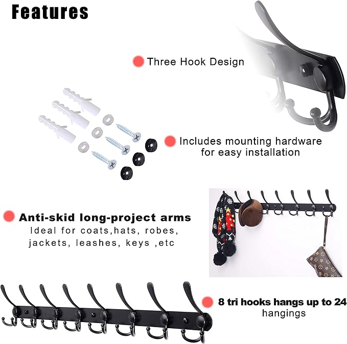 Dseap Coat Rack Wall Mount - 29.5” Long 8-Tri-Hooks Heavy Duty Coat Hanger Rail Wall Hooks for Hanging Coats Hats Clothing Clothes Purse Mudroom Entryway, Black-NeatNest