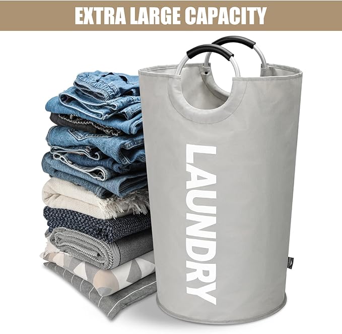 DOKEHOM 90L Large Laundry Basket, Collapsible Laundry Bag, Freestanding Tall Clothes Hamper, Foldable Washing Bin (Grey)-NeatNest