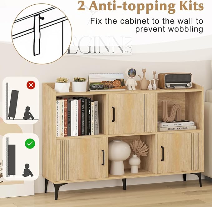 Giantex Storage Cabinet, Sideboard with 3 Doors, 3 Open Compartments, Bookcase with 5 Raised Metal Legs, Buffet Table, Bookshelf, Floor Cabinet for Living Room Display, Dining Room, Entryway, Oak