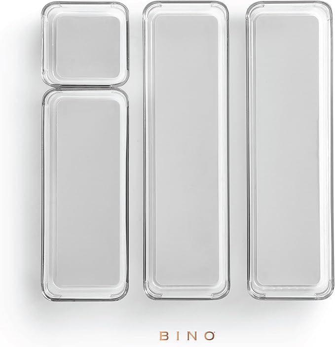 BINO | 4-Piece Drawer Organizer Bin Set - Grey, Small | THE MODULAR+ | Multi-Purpose Storage | Soft-Grip Lining and Non-Slip Rubber Feet | Durable | BPA-Free | Desk Drawer Organizer | Vanity-NeatNest