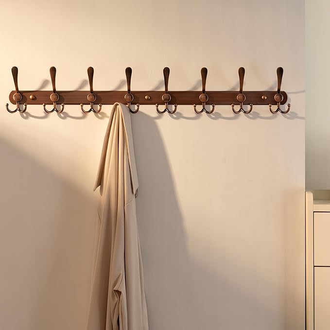 Dseap Coat Rack Wall Mount - 29.5” Long 8-Tri-Hooks Heavy Duty Coat Hanger Rail Wall Hooks for Hanging Coats Hats Clothing Clothes Purse Mudroom Entryway, Red Antique Copper-NeatNest