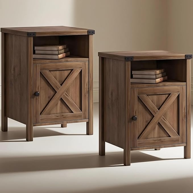 Catrimown Farmhouse, End Table, Nightstand, Side Table, Set of 2 End Table with Barn Door and Shelf, Rustic Oak Nightstand Set of 2, Bed Side Table End Tables for Living Room, Bedroom Room, Oak-NeatNest