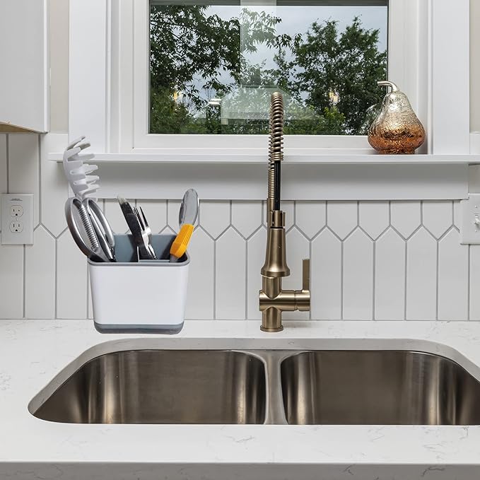 Kitchen Dish Brush Holder, Utensil Drying Caddy, Scrubber/Bottle Brush/Sponge Holder, Kitchen Sink Counter Organizer with Removable Drain Tray, Plastic (Gray and White)-NeatNest