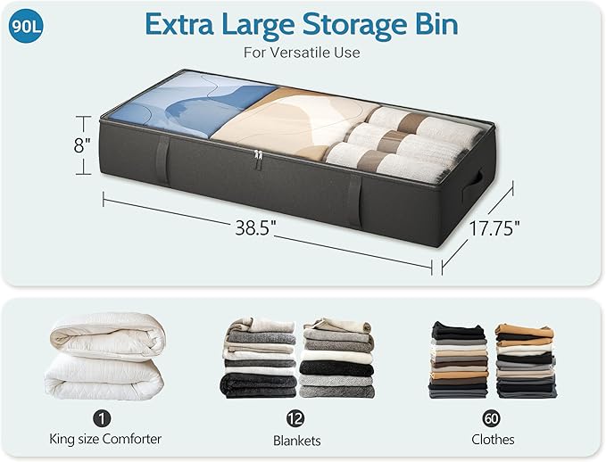 2-Pack Under Bed Storage Containers, 8 Inches Tall Underbed Clothes Storage Organizer Bin with Sturdy Sidewalls/Bottom, Under the Bed Storage Bags 2 Storage Bins, Black-NeatNest
