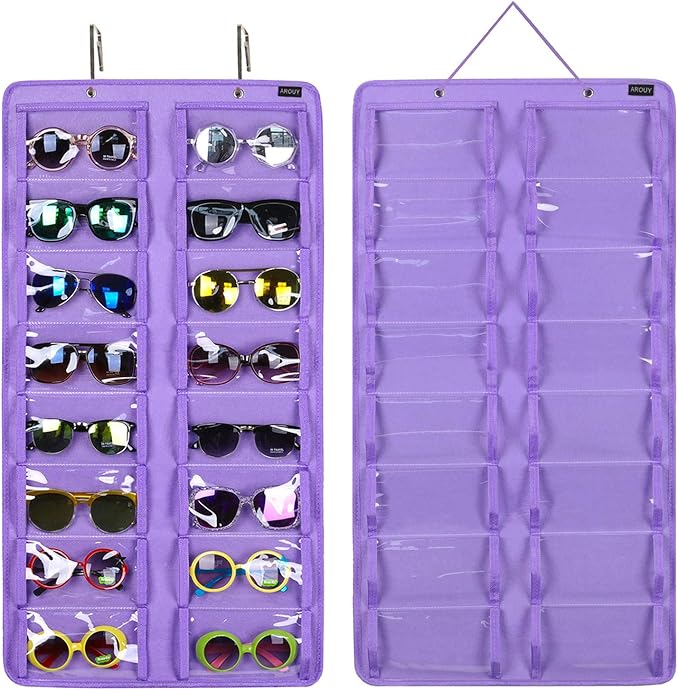 AROUY Sunglasses Organizer Storage, Hanging Dust Proof Wall Pocket Glasses Organizer - 16 Felt Slots Sunglass Organizer Holder with Metal Hook and Sturdy Rope (Dust Proof, Purple)-NeatNest