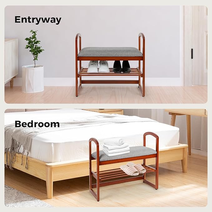 StrongTek Bamboo Shoe Bench, Storage Bench with Armrests & Cushion, Compact Entryway Bench for Seniors, Small Shoe Rack for Living Room, Bedroom, Hallway