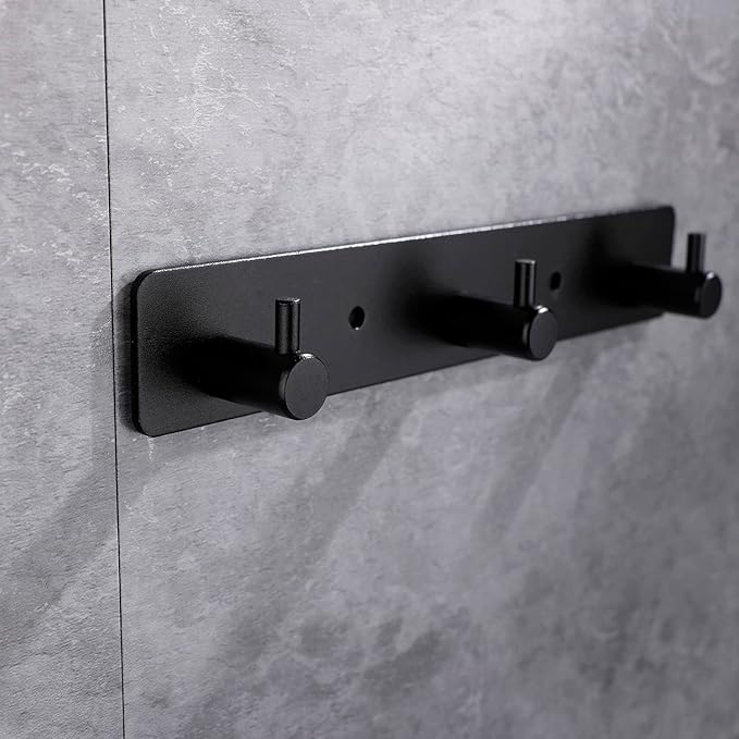 Black 3 Wall Hooks, Matte Black Bathroom Hook Rail, Self Adhesive Key Hook Rack Hanger Towel Robe Stick Hooks for Toilet Entryway Hallway Kitchen Wall Mounted-NeatNest