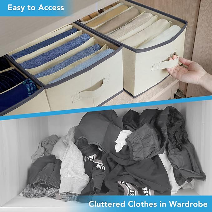 3 Pcs Large Size Wardrobe Clothes Organizers 6 Grids for Pants, Jeans, Sweater, T-shirt, Thin Coat, Dress Stackable Closet Drawer Organizer Storage Bin Container with Sturdy Handles, Beige-NeatNest