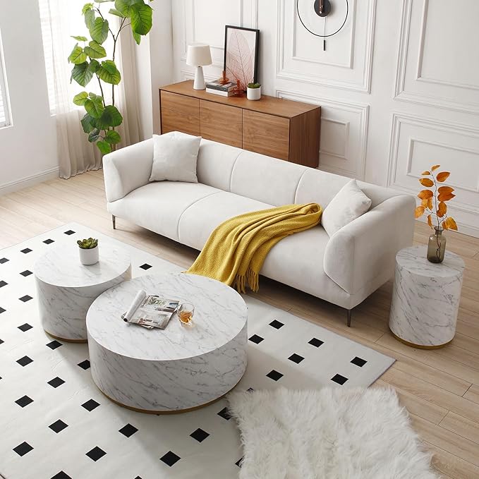 kevinplus White Side Table End Table for Living Room, Circle Wood, Faux Marble Grain, White & Gold (ø15.7'' x 19.6'')