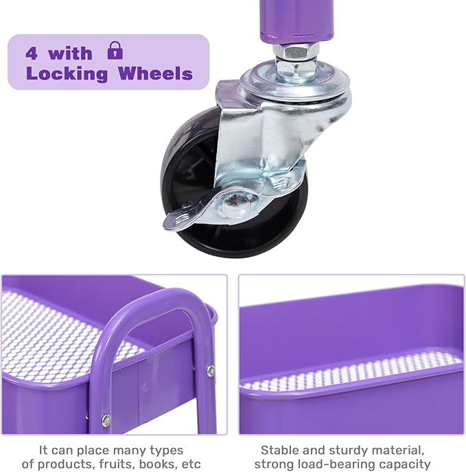 AGTEK Makeup Cart, Movable Rolling Organizer Cart, 3 Tier Metal Utility Cart with Lockable Wheels for Home & Office, Violet-NeatNest