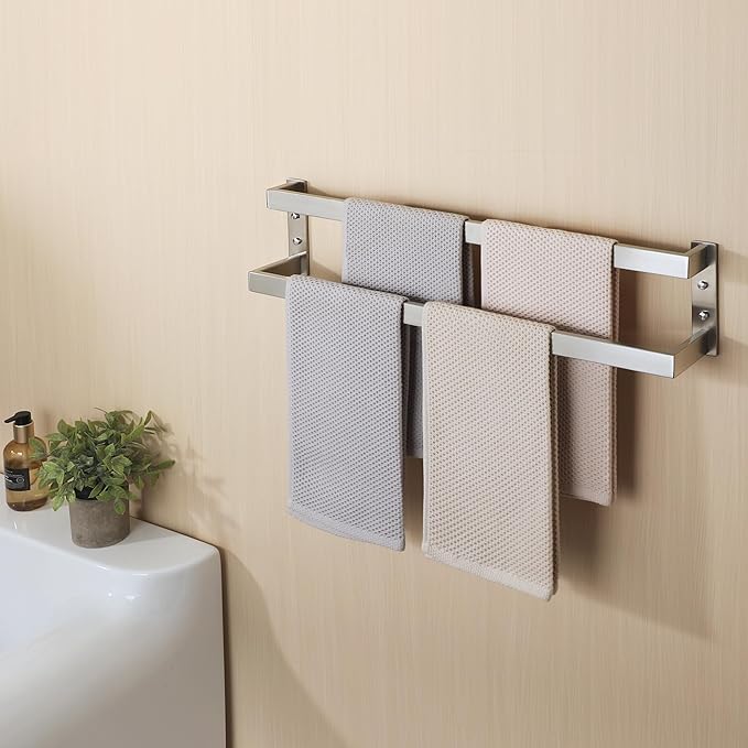 Alise Double Towel Bar 24", SUS304 Stainless Steel Towel Racks for Bathroom Wall Mounted, Heavy Duty Bathroom Towel Holder, Space Saving Towel Hanger, Brushed Nickel