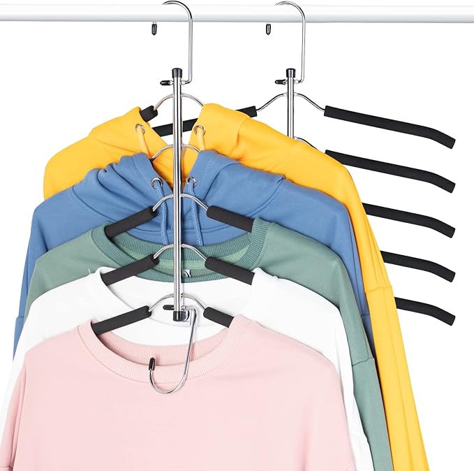 Space Saving Clothes Hangers – 5-in-1 Shirt & Coat Hangers with Non-Slip Foam, Stainless Steel Tiered Closet Organizer for Sweatshirts, Hoodies, Sweaters, T-Shirts – 2 Pack by ZNBEN-NeatNest