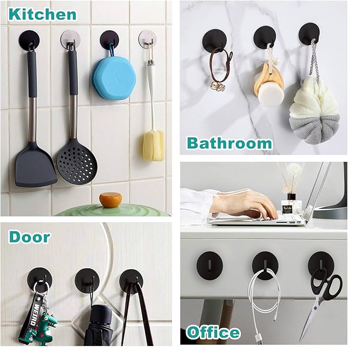 Adhesive Hooks Heavy Duty Stick on Hook Waterproof, Black Round Adhesive Hooks, Removable 304 Stainless Steel Wall Sticky Hooks 4 pcs