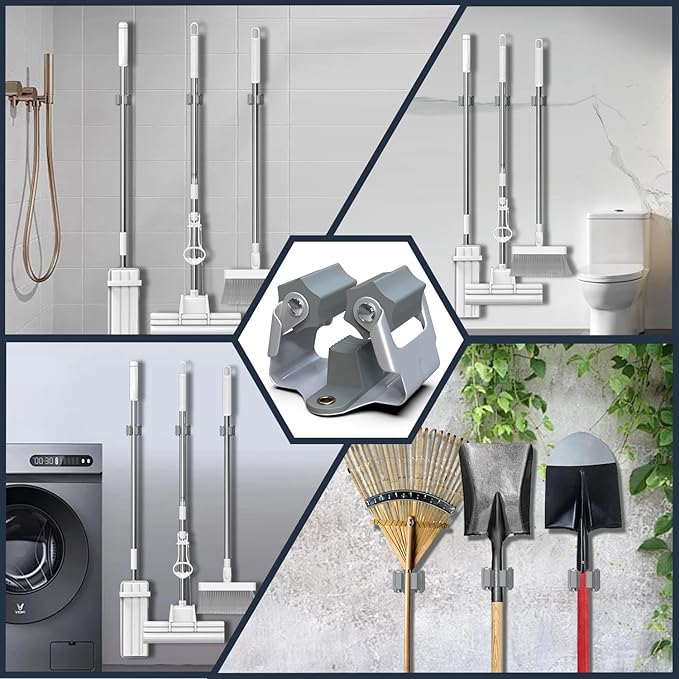 3-H 4 Pack Mop and Broom Holder Big Size Hanging 1 KG Extra,Broom Hanger Wall Mount for Hanging and Organizing Shove Rake Yard Tools in Shed Kitchen Laundry Room Bathroom Garden(grey)-NeatNest