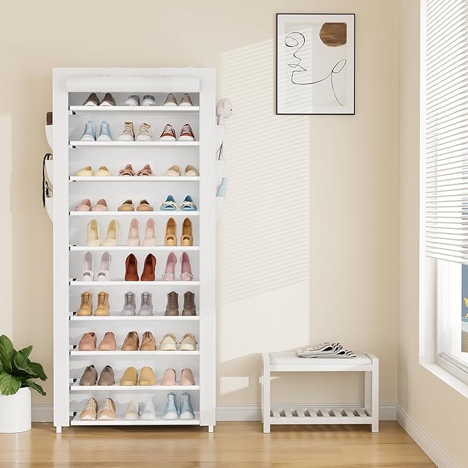 VTRIN Vertical Narrow Shoe Rack Organizer Tall Shoe Rack for Closet Entryway 10 Tier Non-Woven Cover Shoe Shelf Holds 36-41 Pairs Free Standing Shoe Storage Cabinet with Dustproof Cover, White-NeatNest