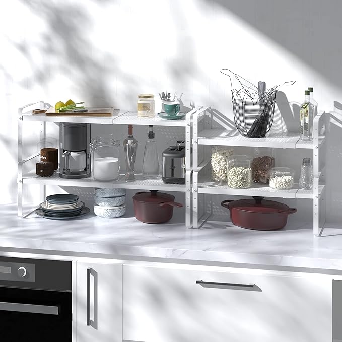 Expandable Cabinet Shelf Organizer Adjustable Metal Spice Rack Stackable Freestanding Counter Storage Shelves for Kitchen Cabinet Under Sink Office Desk (White - 2Pack - L16.5-27'' * W10.2'' * H9.6'')-NeatNest