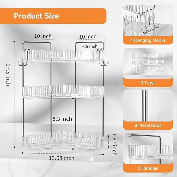 Makeup Organizer for Vanity 3-Tier Corner Bathroom Organizer Countertop with Hooks Bathroom Countertop Perfume Organizer Corner Bathroom Counter Corner Storage-Clear-NeatNest