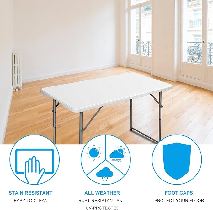 Folding Table 4 Foot Height Adjustable Fold-in-Half Table with Carrying Handle, Small Card Table Indoor Outdoor Use, White-NeatNest