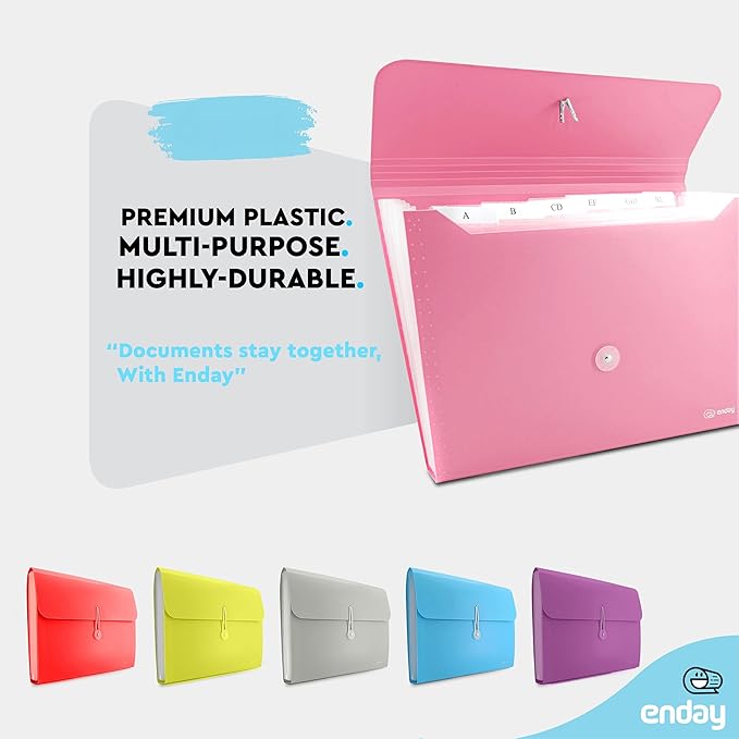 Accordian File Organizer, 7 Pocket Expanding File & Cover Folder with Labels, Plastic Portable Desktop Supplies Letter A4 Paper in Green and Pink (2 Pack) – by Enday