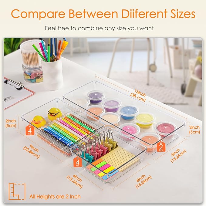 Criusia Drawer Organizer, 10 Pack Large Clear Plast Set, 3 Size Versatile Bathroom and Vanity Organizer Trays, Storage Bins for Makeup, Bedroom, Kitchen Utensils-NeatNest