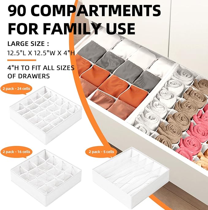 Criusia Drawer Organizer - 6 Set Clothes Organizer for Closet & Bedroom - 90 Cells Bins for Sock, Underwear, Bra, Baby Clothes - Washable & 10xDurable than Non-Woven Fabric (White)-NeatNest