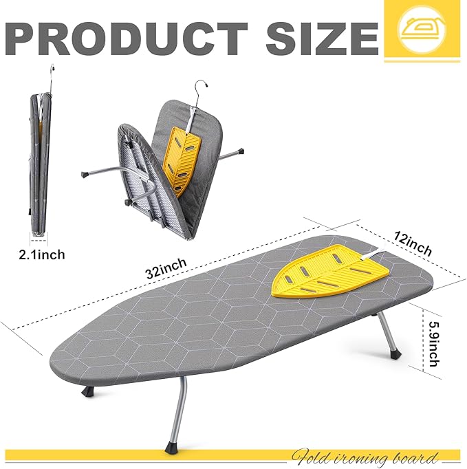 Chunful Tabletop Ironing Board with Iron Rest 32 x 12 Inch Small Compact Travel Foldable Ironing Board with Silicon Mat Portable Non Slip Feet Table for Dorm and Small Space(Elegant,Dark Gray)