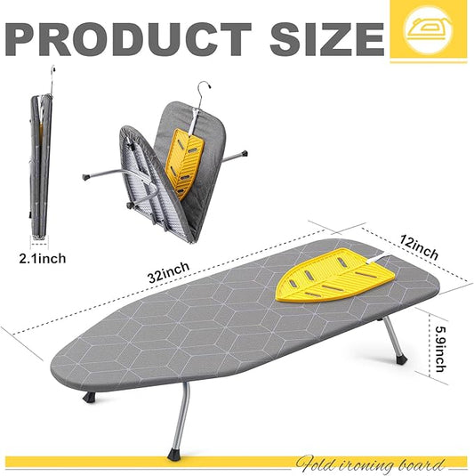 Chunful Tabletop Ironing Board with Iron Rest 32 x 12 Inch Small Compact Travel Foldable Ironing Board with Silicon Mat Portable Non Slip Feet Table for Dorm and Small Space(Elegant,Dark Gray)-NeatNest