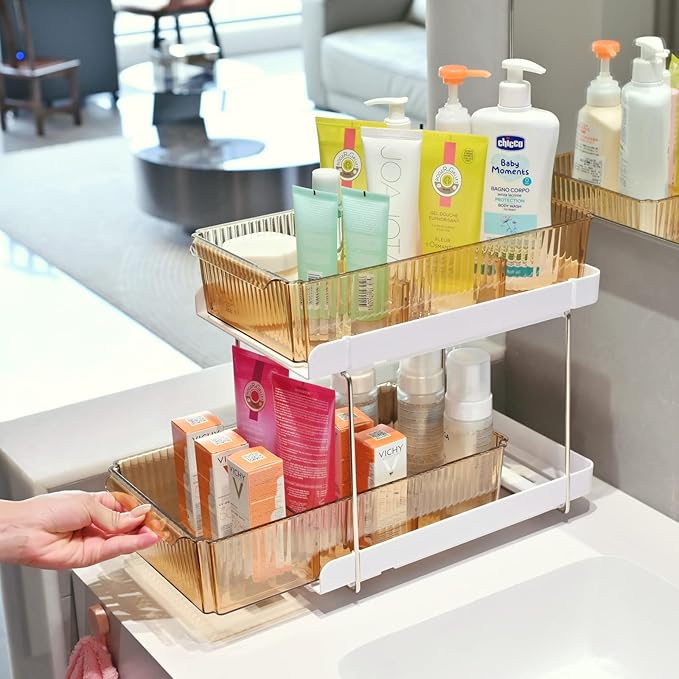Bathroom Kitchen Storage Organizer 2 Tier Under the Sink Organizer Baskets Vanity Countertop Container Cabinet Drawers Bins Pull-Out Organization with Sliding Drawers for Cabinet, Pantry and Desktop-NeatNest