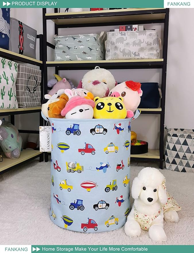 FANKANG Storage Basket, Nursery Hamper Canvas Laundry Basket Foldable with Waterproof PE Coating Large Storage Baskets for Kids Boys and Girls, Office, Bedroom, Clothes,Toys(Car)
