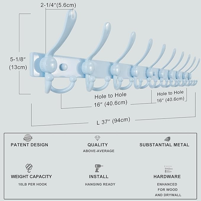 Dseap MaxStrong 2.0 Coat Rack Wall - 37” Long 10 Tri Hooks - Ultra Heavy-Duty Stainless Steel Wall Mount Coat Hanger, Hook Rail for Clothes Hats Jacket Towels Blue