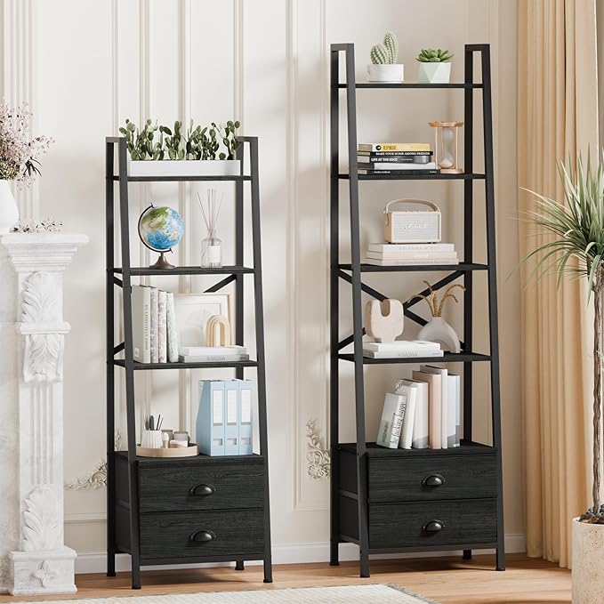 Furologee 4-Tier Ladder Shelf,Small Bookshelf with 2 Drawers,Vertical Bookcase Storage Rack Organizer,Rustic Bookshelves for Living Room,Bedroom,Bathroom,Home Office,Kitchen,Rustic Brown,Black Oak
