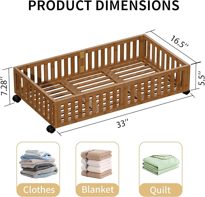 Bamboo Under Bed Storage with Wheels (2-Pack) – Rolling Underbed Shoe Organizer Box for Shoes, Blankets, Toys, Clothes Container Space-Saving Organizer Bins for Bedroom, Closet, Dorm, Nursery-NeatNest