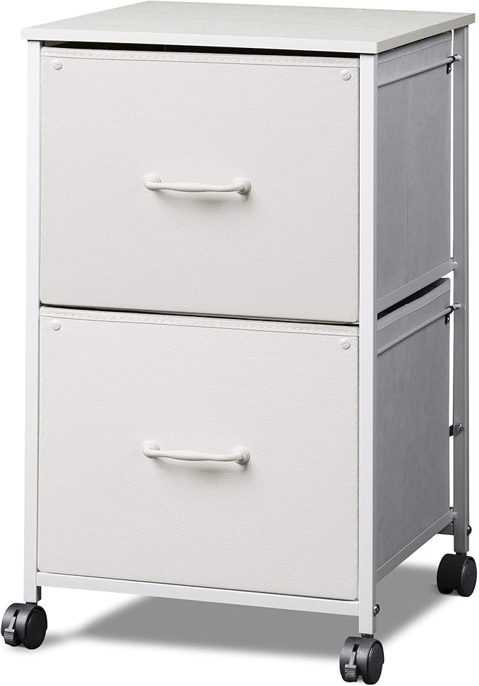 DEVAISE 2 Drawer Mobile File Cabinet, Rolling Printer Stand with Open Storage Shelf, Fabric Vertical Filing Cabinet fits A4 or Letter Size for Home Office, White-NeatNest