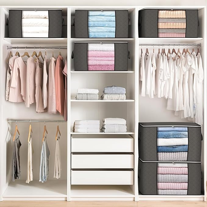 Budding Joy 90 L Large Storage Bags, 10 Pack Clothes Storage Bins Foldable Closet Organizers Storage Containers with Reinforced Handle for Clothing, Blanket, Comforters, Bed Sheets, Pillows (Gray)-NeatNest