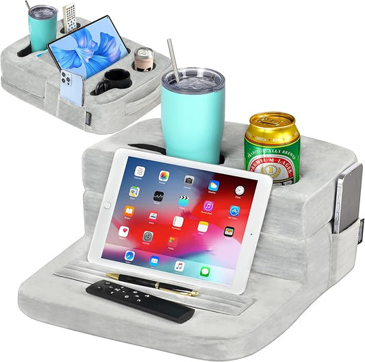 Couch Cup Holder Tray Pillow - Bed, Couch Caddy, Sofa, RV & Car - Holds Drinks, Snacks, Remotes, Phones, Kindle, Tablet | Bed Cup Holder (Grey)-NeatNest
