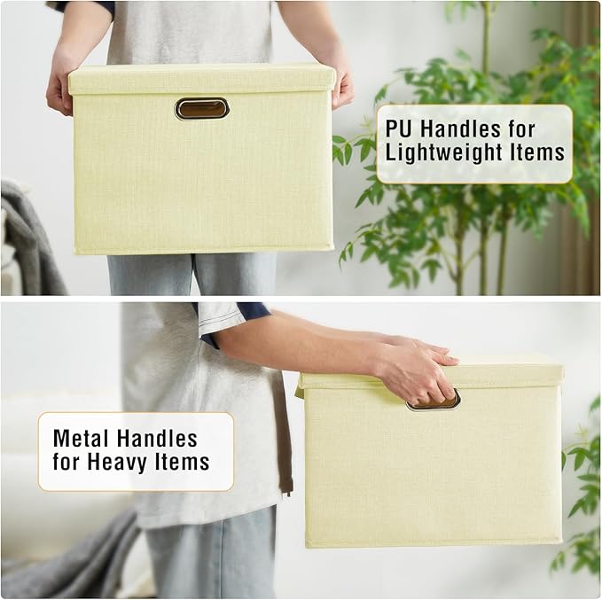 17" Large Collapsible Storage Bins with Lids, Stackable Closet Organizers with PU Handle and Labels, 3-Pack Decorative Fabric Storage Boxes for Home, Bedroom, Closet, Office, Nursery(Beige)-NeatNest