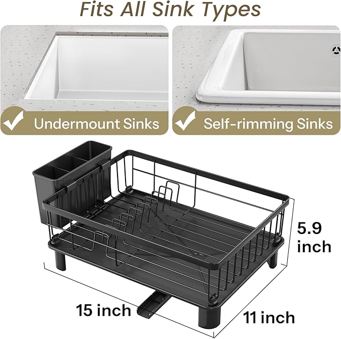 Dish Drying Rack - Small Dish Rack for Kitchen Counter, Stainless Steel Dish Drainer with Utensil Holder and Drainboard (Black)