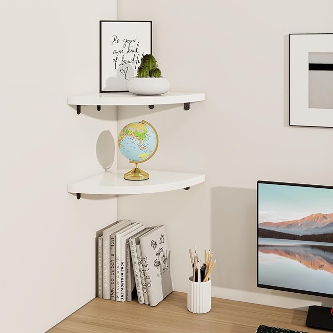 Fun Memories Corner Shelf Wall Mount Set of 2 - Solid Oak Wood Floating Corner Shelf with Cable Hole, 10in Rustic Design for Bedroom, Living Room, Kitchen (White)-NeatNest