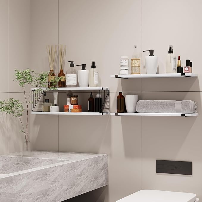 Fixwal 3+1 Tier Bathroom Floating Shelves Over Toilet, 15.8in Farmhouse Rustic Wood Shelves, Wall Decor for Bathroom, Living Room,Bedroom and Kitchen (White)-NeatNest