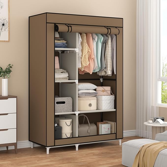 Calmootey Portable Closet Organizers, Clothing Storage, Wardrobe with 6 Shelves and Hanging Rod, Non-Woven Fabric Cover with 4 Side Pockets, Brown-NeatNest